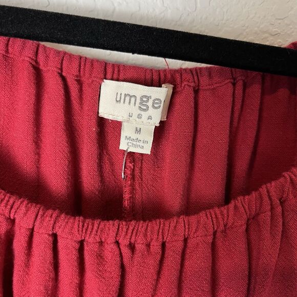 Umgee USA M Red Shirt Top Fringe Front Tie Linen Blend Boho Festival 211 - Picture 2 of 7